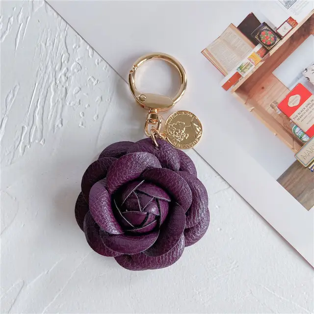 Fashion Leather Camellia Car Keychain Dark Purple - Shop at LoveMi
