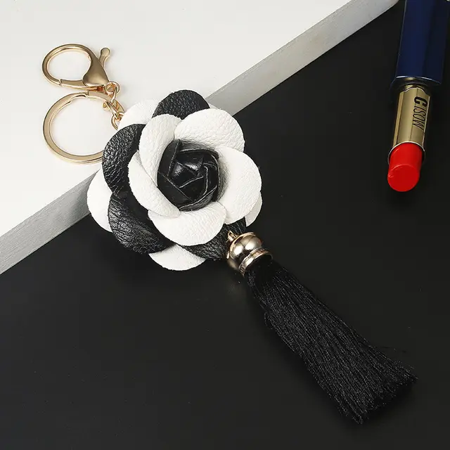 Korean Style Leather Tassel Keychain Black White - Shop at LoveMi