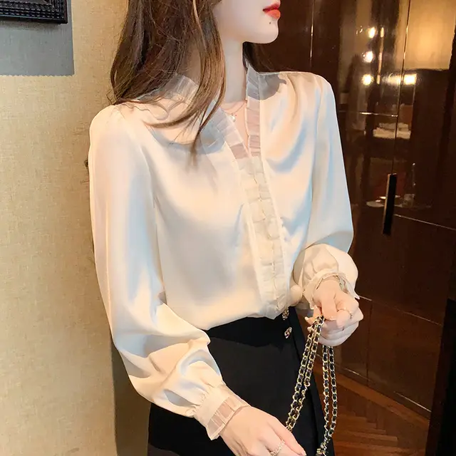 French Retro Temperament Long sleeved Shirt Women's Design Chiffon Apricot - Shop at LoveMi