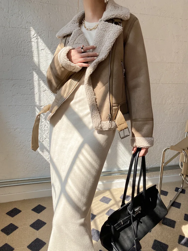 Lamb Fur And Fur Cotton Jacket Women's Motorcycle Wind - Khaki