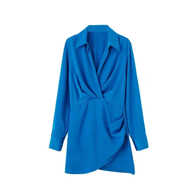European And American Style Silk Satin Texture Waist Shirt Dress Blue - Shop at LoveMi