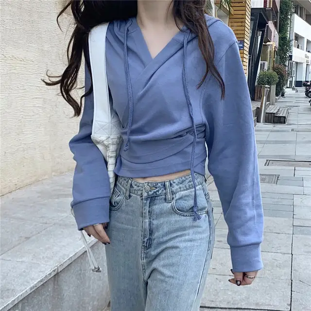 New Fashion Ins Design Cross Strap Hooded Short Sweater Blue Purple - Shop at LoveMi