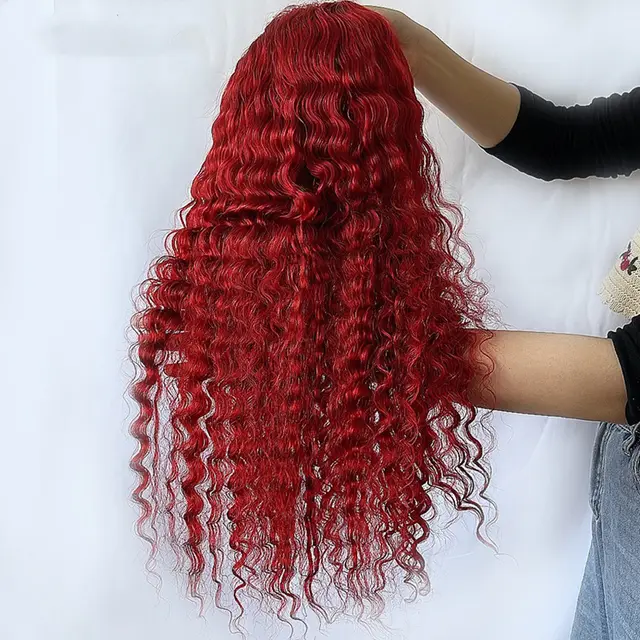 Red Deep Wave Human Hair Wig Real Headgear Tshaped Head Cover150 - Shop at LoveMi