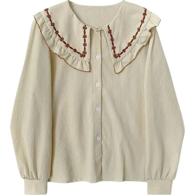 Women's Sweet Doll Collar Chain Link Floral Long Sleeve Shirt Beige - Shop at LoveMi