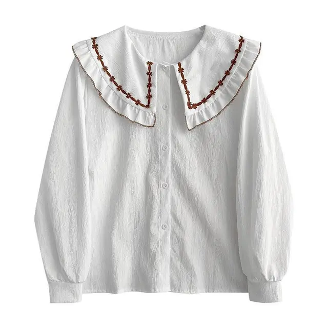 Women's Sweet Doll Collar Chain Link Floral Long Sleeve Shirt White - Shop at LoveMi