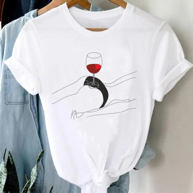 Wine Glass Red Wine And Women's Pattern New Print Short Sleeve Loose Round Neck T shirt Women's White - Shop at LoveMi