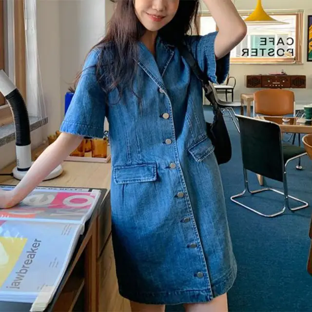 Women's Loose Double Pocket Small Short Sleeve Denim Dress Blue - Shop at LoveMi