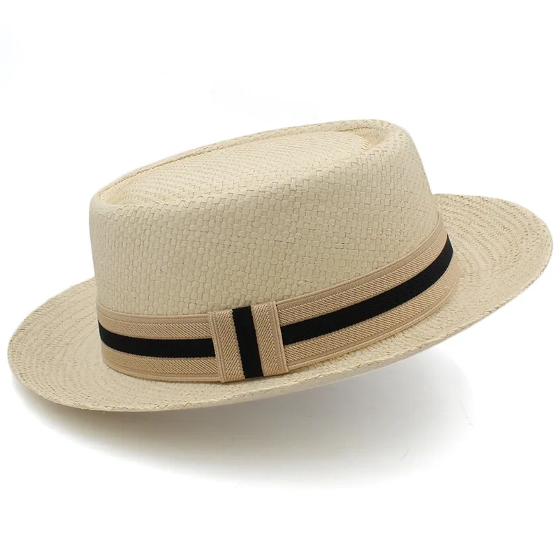 Straw Hat Flat Brim Beach Sun Protection Wide Brim Sunshade - Light Beige B Khaki Webbing