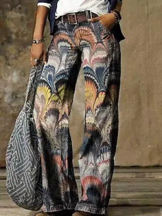 Women's Floral Print Faux Denim Wide Leg Pants - 42Color