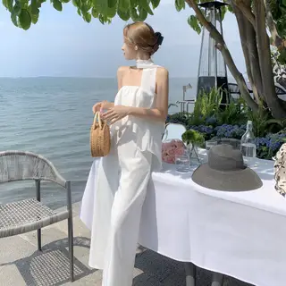 Women's High Waist Loose Drape Seaside Holiday Casual Jumpsuit - White