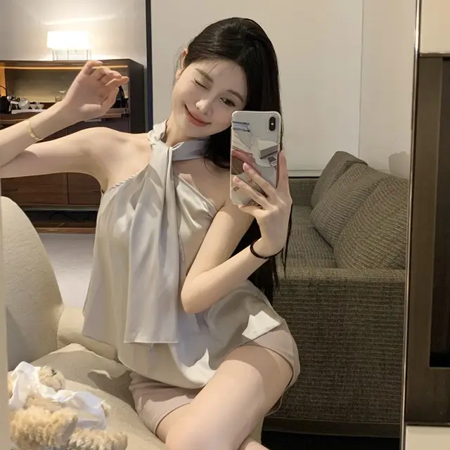 Halterneck Satin Slip Neck Sleeveless Tank Top Champagne Apricot - Shop at LoveMi