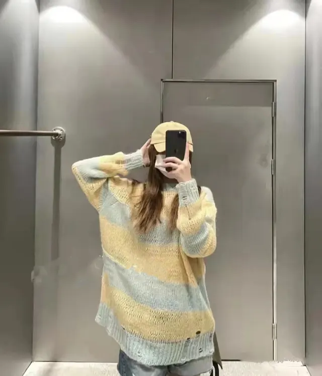 Women's New Mohair Ripped Striped Thin Crew Neck Sweater Yellow Green - Shop at LoveMi