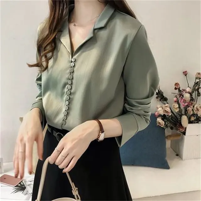 Solid Color Satin Suit Collar Shirt Bottoming Top Green - Shop at LoveMi