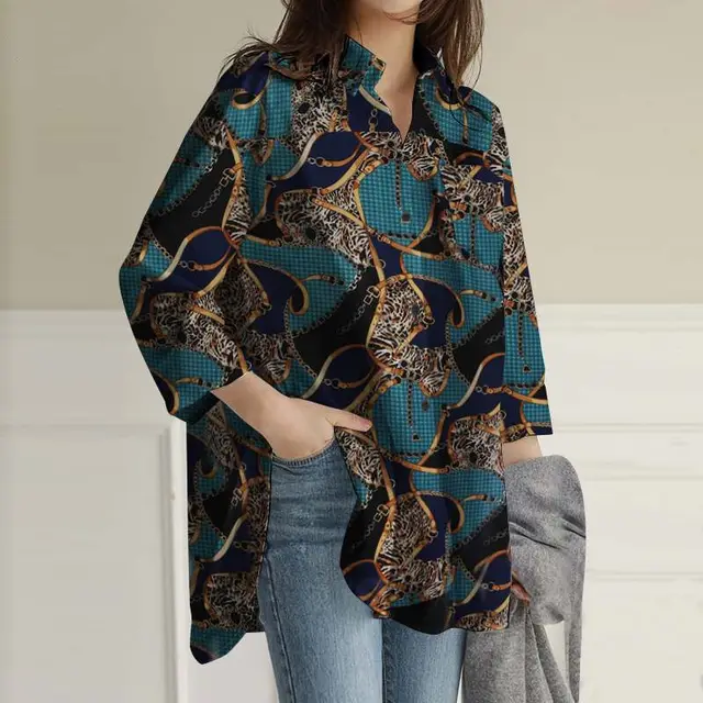 Cropped Sleeve Tunic Top Casual Loose Lapel Blue - Shop at LoveMi