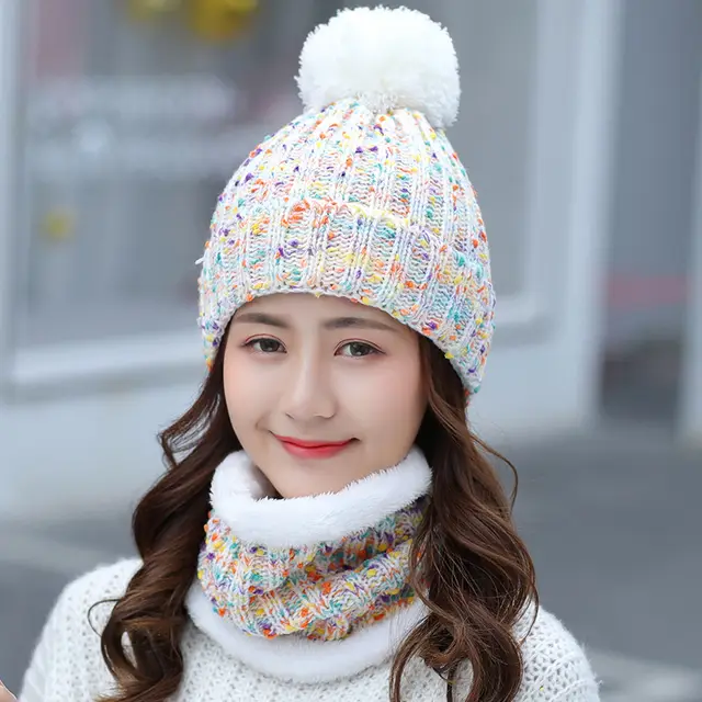 Ladies Winter Sweet And Cute Scarf Suit Knitted Hat White - Shop at LoveMi