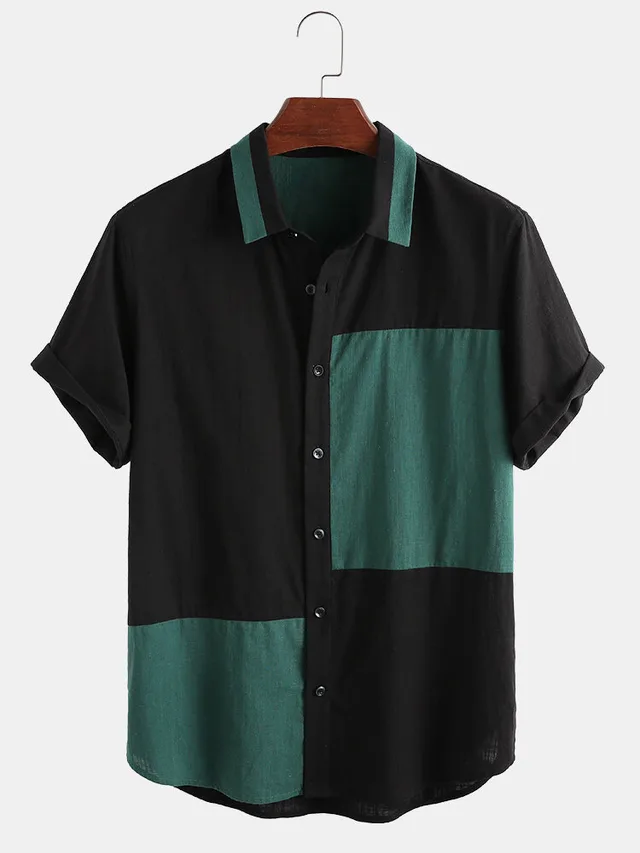 Colorblock Short Sleeve Fit Lapel Men's Shirt Black - Shop at LoveMi