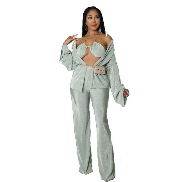 Temperament Commute Solid Color Long Sleeve Fashion Temperament Three piece Set Olive Green - Shop at LoveMi