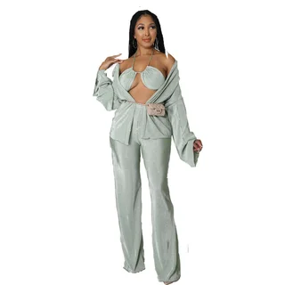 Temperament Commute Solid Color Long Sleeve Fashion Temperament Three-piece Set - Olive Green