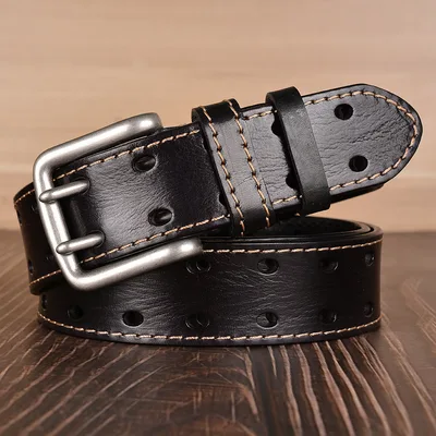 Double Pin Buckle First Layer Cowhide Belt Fashion Belt Men's Cowhide Belt Men's Casual Jeans Strap Black - Shop at LoveMi