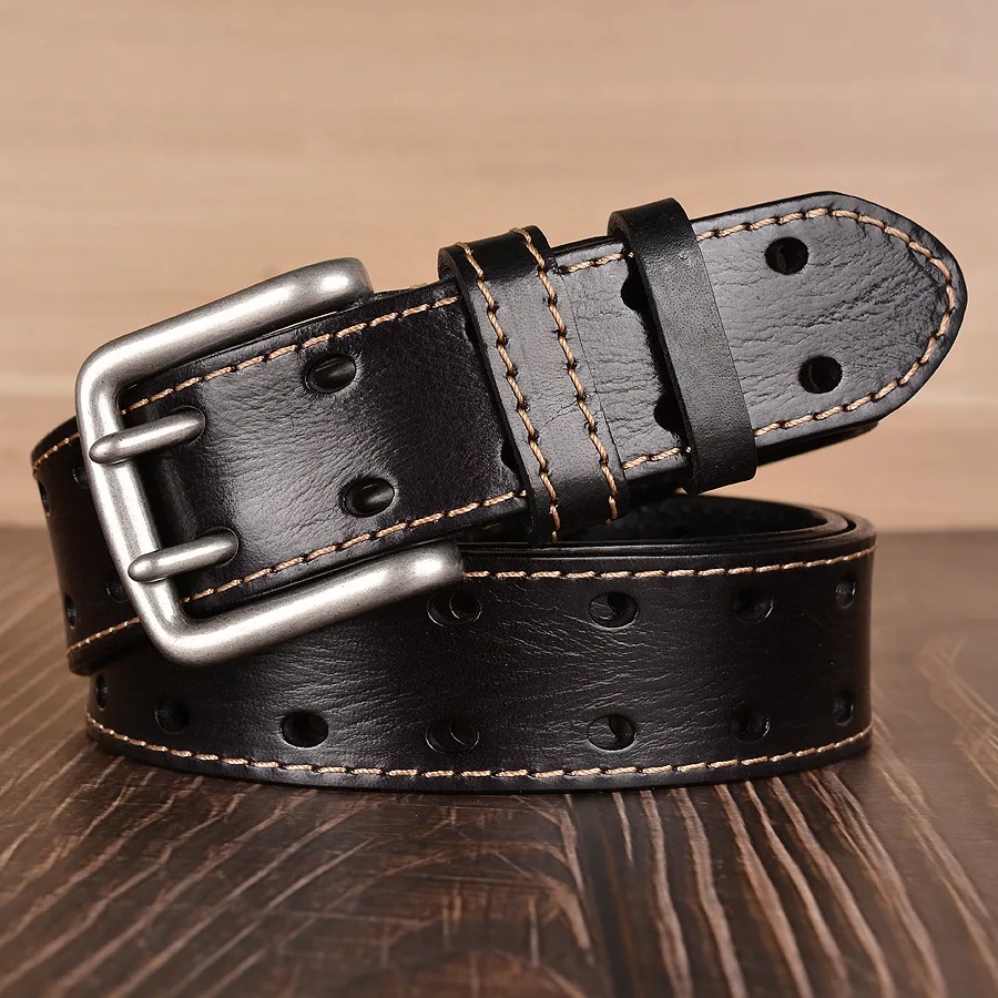 Double Pin Buckle First Layer Cowhide Belt Fashion Belt Men's Cowhide Belt Men's Casual Jeans Strap Black - Shop at LoveMi