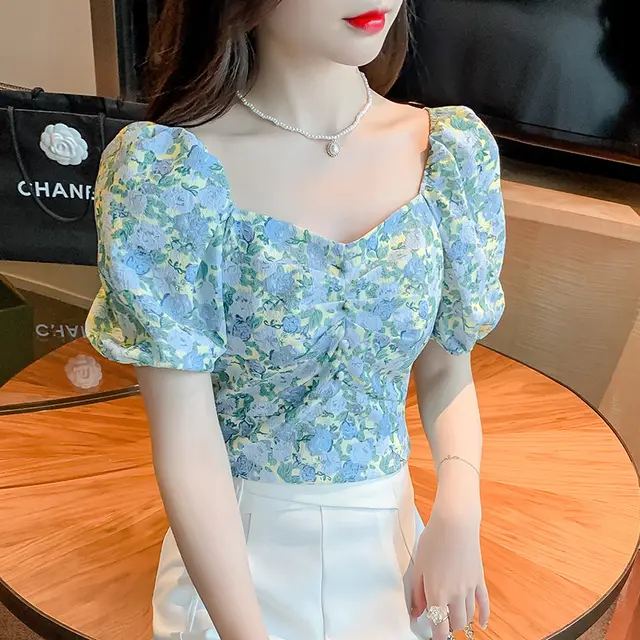French Floral Short sleeved Shirt Women's Sweet Puff Sleeves Blue - Shop at LoveMi