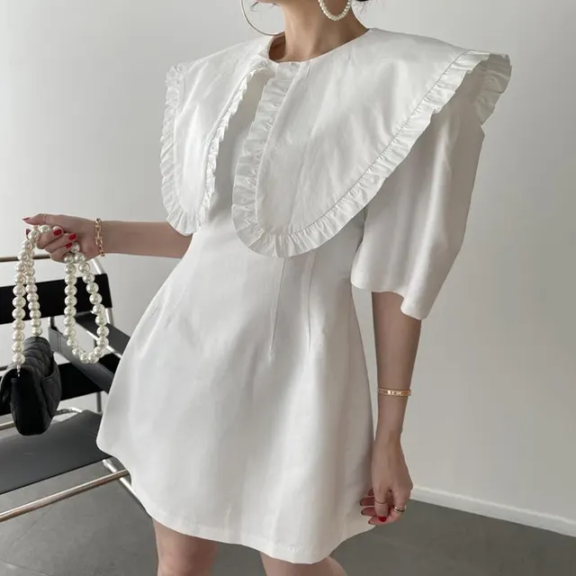 Contrast Color Stitching High Waist Puff Sleeve Dress With Fungus Edge White - Shop at LoveMi