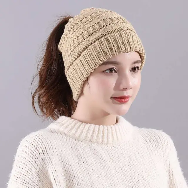 Ladies Ponytail Solid Color Warm Casual Wool Hedging Hat Khaki - Shop at LoveMi