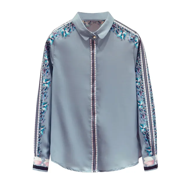 Silk Ladies Shirt Print Elegant Long Sleeve Top Grey Blue - Shop at LoveMi