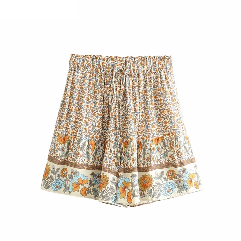 Women's Elastic Waist Drawstring Viscose Print Shorts - Beige