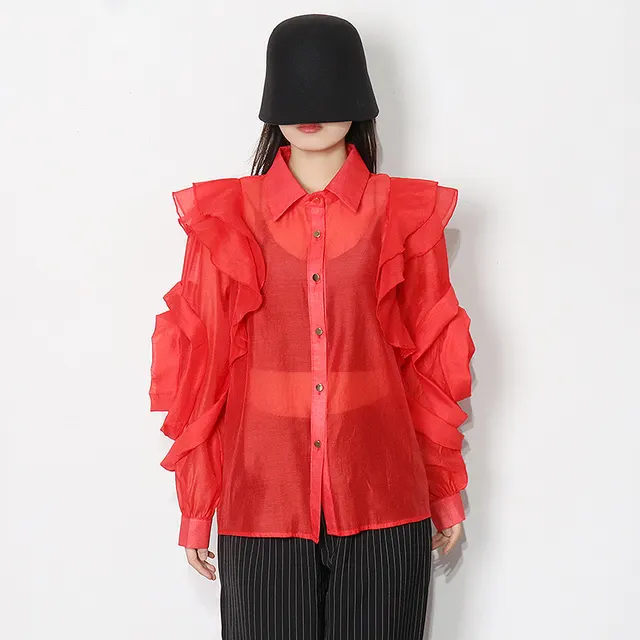 Temperament Organza Solid Color Shirt Lapel Ruffle Stitching Red - Shop at LoveMi