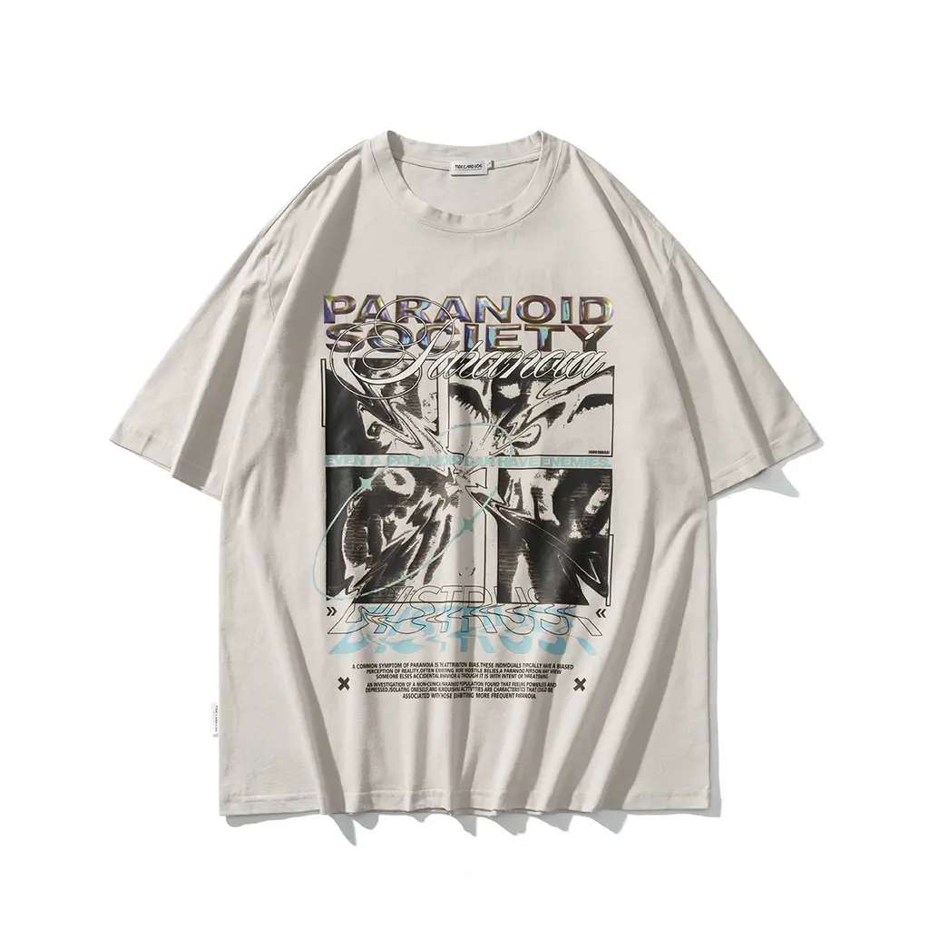 Acid Print Short Sleeve Vintage Unisex Couple T-Shirt - Light Grey