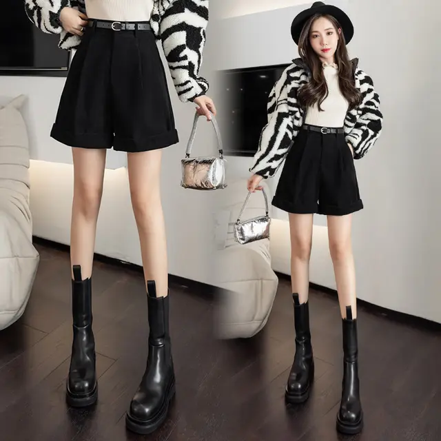 Brown Corduroy Shorts With Martin Boots For Women - Black