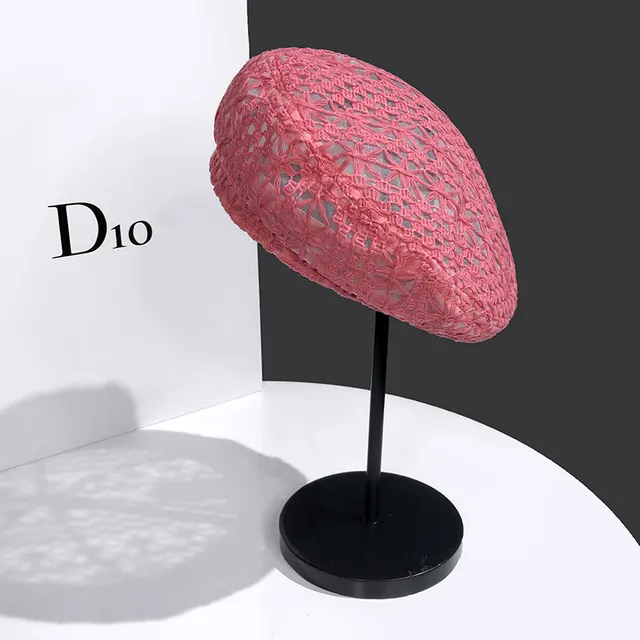 Women's Fashionable Woven Hollow Beret Hat Rose Pink - Shop at LoveMi