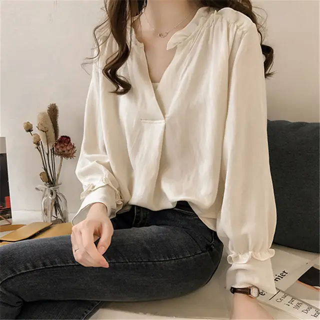 Women's Ruffled V Neck Long Sleeve Shirt Apricot - Shop at LoveMi