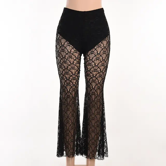 See Through Flared Pants Commuter Vacation Leisure Black - Shop at LoveMi
