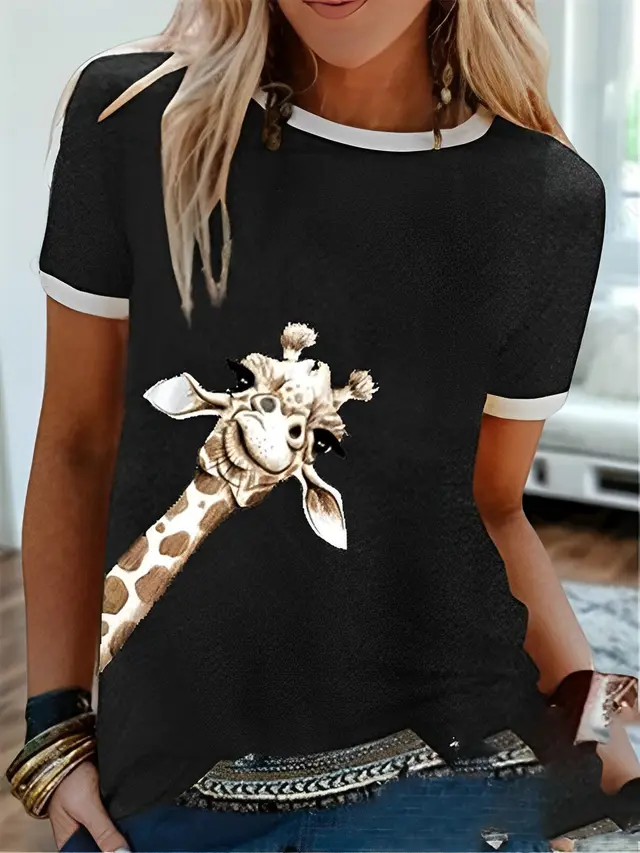 Foreign Trade Supply New European And American Fashion Giraffe Print Solid Color Short Sleeve Crew Neck T shirt Top F2R348 Black - Shop at LoveMi