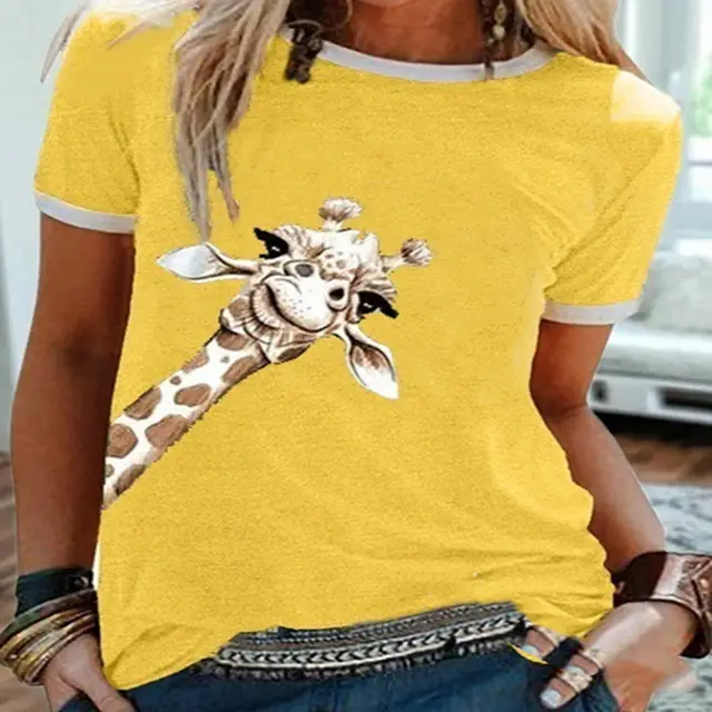 Foreign Trade Supply New European And American Fashion Giraffe Print Solid Color Short Sleeve Crew Neck T shirt Top F2R348 Yellow - Shop at LoveMi