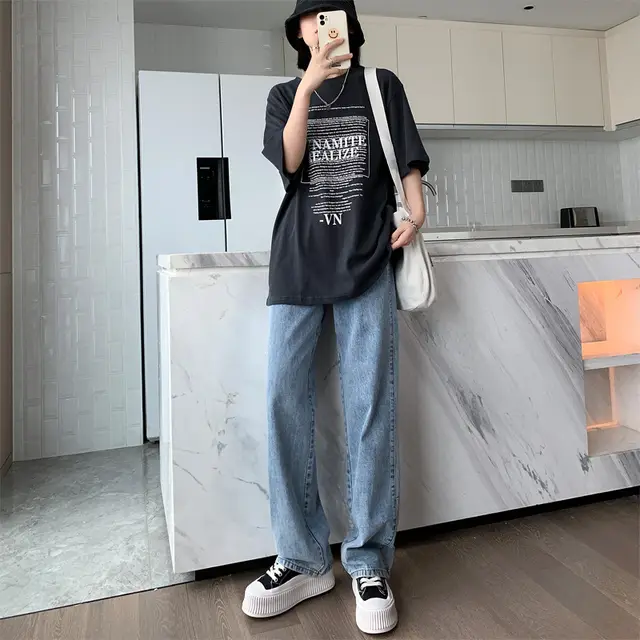 Women's Stitching Loose High Waist Jeans Light Blue Lengthening - Shop at LoveMi