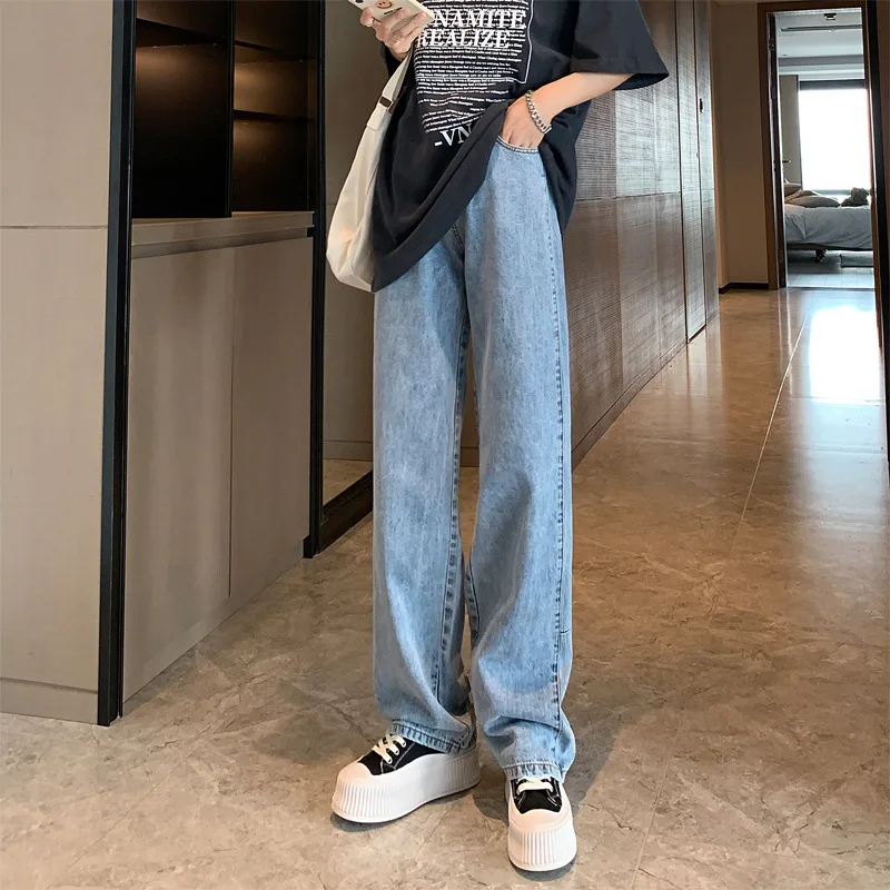Women's Stitching Loose High Waist Jeans - Light Blue Trousers