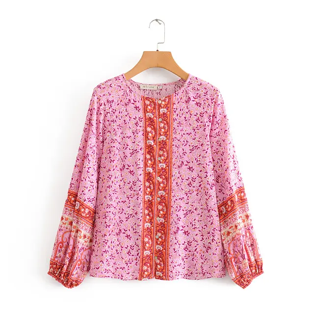 Spring Women's Purple Floral Long sleeved Shirt Pink - Shop at LoveMi
