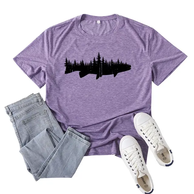Women's Fashion Casual Loose Fish And Forest Print T Shirt Purple - Shop at LoveMi