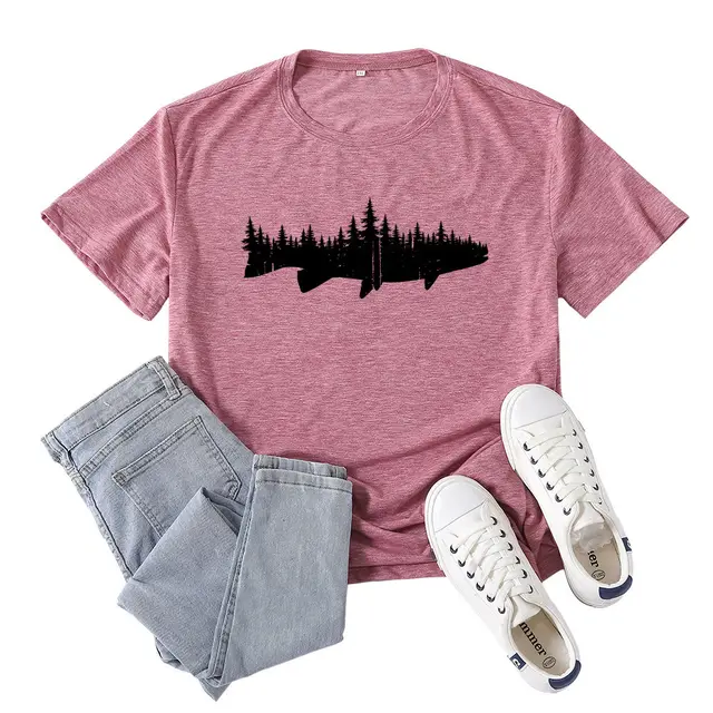 Women's Fashion Casual Loose Fish And Forest Print T Shirt Rose Gold - Shop at LoveMi