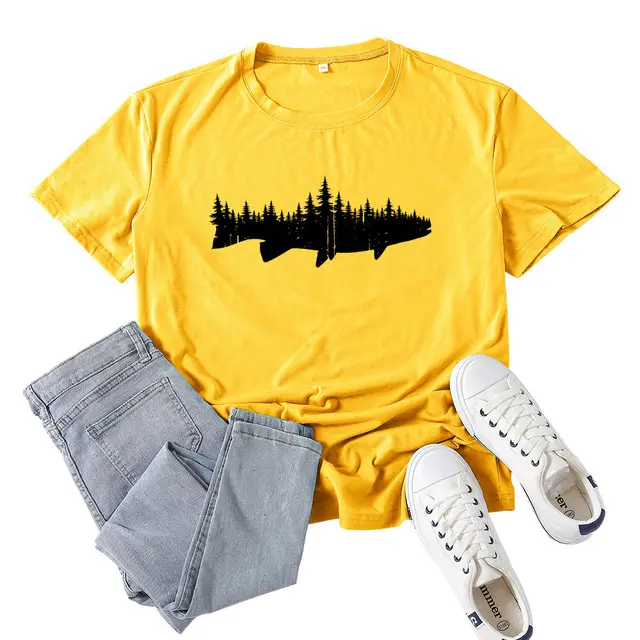 Women's Fashion Casual Loose Fish And Forest Print T Shirt Yellow - Shop at LoveMi