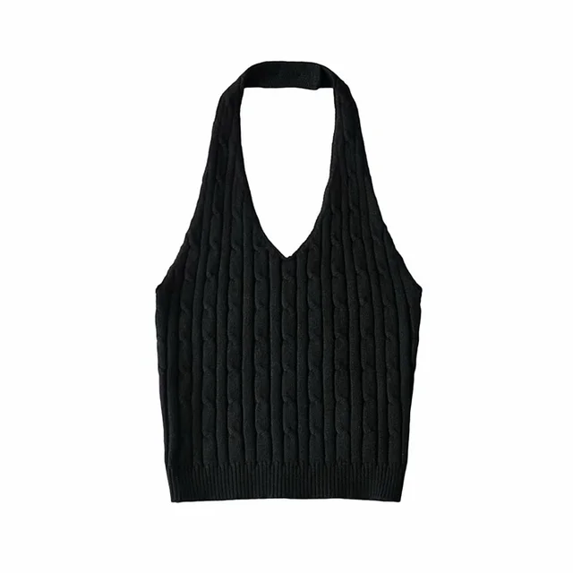 Women's Niche Design V neck Twist Button Halterneck Vest Black - Shop at LoveMi