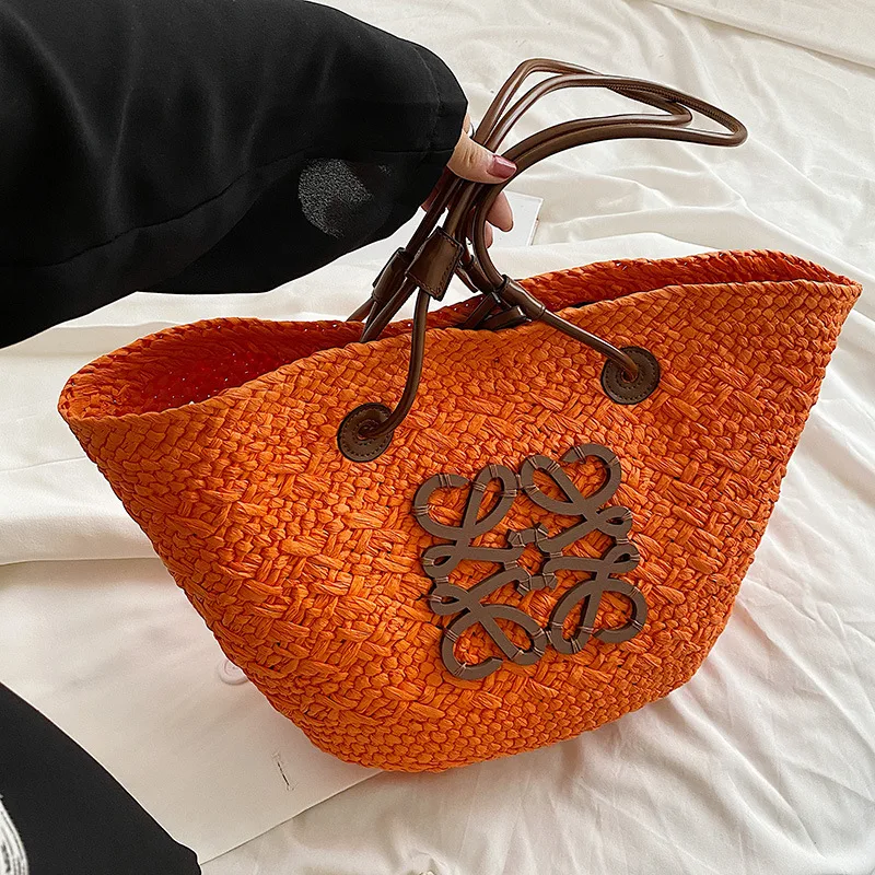 Straw Casual Woven Holiday Tote Bag Ladies Niche Orange - Shop at LoveMi