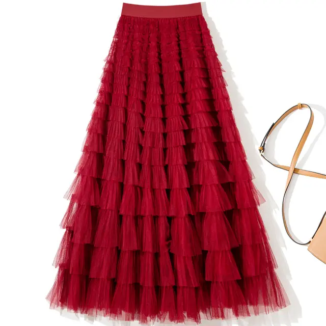 Elastic Waist Gathered Layer Cake Skirt Red - Shop at LoveMi