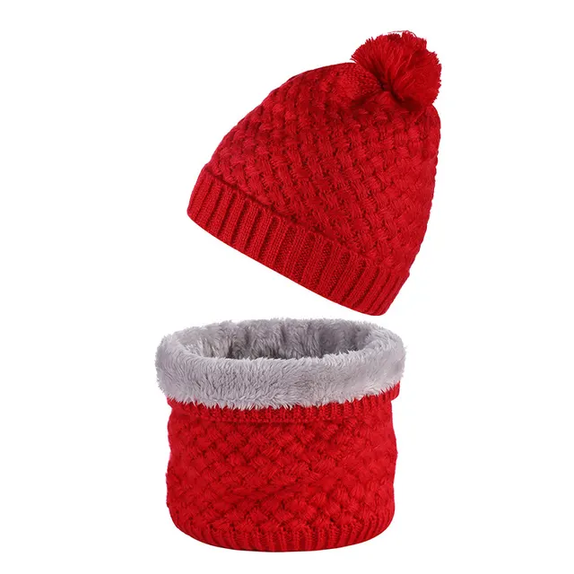 Plus Velvet Thick Knitted Fur Ball Hat Scarf Set Warm Wool Single Big Red - Shop at LoveMi
