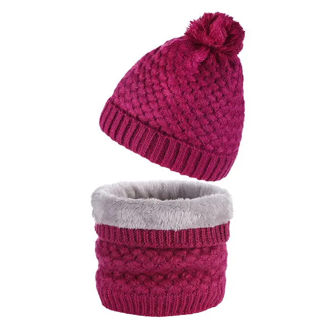 Plus Velvet Thick Knitted Fur Ball Hat Scarf Set Warm Wool Single Rose Red - Shop at LoveMi