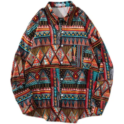 Retro Pattern Ethnic Style Long sleeved Floral Shirt Coffee - Shop at LoveMi