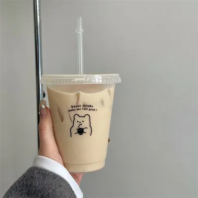Ins Cute Bear English Plastic Straw Water Cup Small Bear Drinking Coffee Cup - Shop at LoveMi